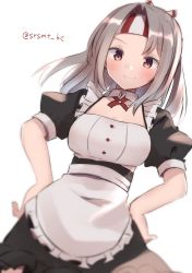 Rule 34 | 1girl, alternate breast size, alternate costume, apron, black dress, blurry, breasts, commentary request, cowboy shot, depth of field, dress, enmaided, frilled apron, frilled dress, frills, grey hair, hachimaki, hands on own hips, headband, high ponytail, highres, kantai collection, long hair, looking at viewer, maid, medium breasts, one-hour drawing challenge, shirasumato, solo, striped headband, twitter username, white apron, zuihou (kancolle)
