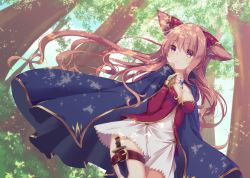 Rule 34 | 1girl, animal ears, breasts, bridal gauntlets, brown hair, cape, cleavage, closed mouth, dagger, day, dress, dutch angle, emilion, eyebrows, forest, frown, highres, knife, long hair, looking away, medium breasts, nature, original, outdoors, purple eyes, shadow, sheath, sheathed, solo, thigh strap, very long hair, weapon, white dress