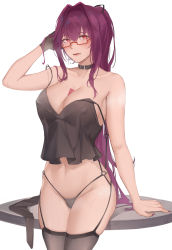 Rule 34 | 1girl, bad id, bad pixiv id, bare shoulders, belt collar, black gloves, black nightgown, black panties, black thighhighs, blush, breasts, cleavage, collar, collarbone, condom, cross, cross earrings, earrings, fate/grand order, fate (series), fingernails, garter belt, garter straps, glasses, gloves, hair ribbon, hand on head, hand on table, highres, jewelry, long hair, looking at viewer, medium breasts, nail polish, navel, nightgown, panties, ponytail, purple hair, red eyes, ribbon, rifu (643763873), saliva, scathach (fate), single glove, solo, standing, sweatdrop, table, thighhighs, thighs, underwear, white background
