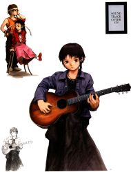 Rule 34 | 1990s (style), 2girls, abe yoshitoshi, absurdres, acoustic guitar, artbook, brown eyes, brown hair, chair, guitar, hair ornament, hairclip, hat, highres, instrument, iwakura lain, jacket, jewelry, masayuki, monochrome, multiple girls, myu-myu, necklace, official art, partially colored, retro artstyle, scan, serial experiments lain, short hair, sitting, sketch, tank top, traditional media