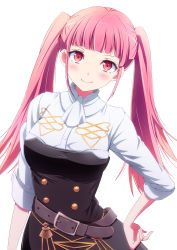 Rule 34 | 1girl, belt, belt buckle, black dress, blunt bangs, blush, brown belt, buckle, closed mouth, commentary, contrapposto, dress, fire emblem, fire emblem: three houses, garreg mach monastery uniform, highres, hilda valentine goneril, long hair, looking at viewer, minamonochaba, neckerchief, nintendo, pink eyes, pink hair, shirt, simple background, sleeves past elbows, smile, solo, standing, twintails, upper body, white background, white neckerchief, white shirt