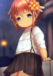 Rule 34 | 1boy, black skirt, blue eyes, blurry, blurry background, closed mouth, commentary request, commission, demimushi, depth of field, final fantasy, final fantasy xiv, flower, hair between eyes, hair flower, hair ornament, highres, lalafell, long sleeves, night, night sky, orange flower, outdoors, pleated skirt, pointy ears, red hair, shirt, short hair, skeb commission, skirt, sky, smile, solo, star (symbol), starry background, suspender skirt, suspenders, warrior of light (ff14), white shirt