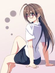 Rule 34 | 1girl, ahoge, arm support, bare legs, barefoot, brown eyes, brown hair, collared shirt, glasses, highres, invisible chair, long hair, looking at viewer, looking back, original, parted lips, pencil skirt, red-framed eyewear, shirt, short sleeves, sitting, skirt, solo, white shirt, yuuki keisuke