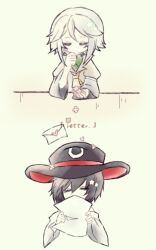 Rule 34 | 2others, androgynous, black headwear, black sleeves, brown jacket, closed eyes, detached sleeves, english text, enraku tsubakura, envelope, flower, green shirt, grey hair, hat, holding, holding paper, houlen yabusame, jacket, layered sleeves, len&#039;en, long sleeves, multiple others, no mouth, no nose, other focus, paper, pink flower, shirt, short hair, short over long sleeves, short sleeves, two-sided fabric, two-sided headwear, white sleeves, zhaozhaozhaozhaozhao083