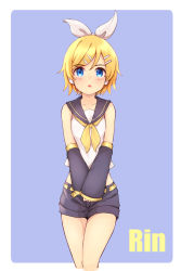 Rule 34 | 1girl, arm warmers, bare shoulders, black shorts, blonde hair, blue background, blue eyes, blush, bow, character name, collar, collarbone, commentary, crop top, grey collar, grey shorts, grey sleeves, hair bow, hair ornament, hairclip, headphones, highres, kagamine rin, legs together, looking at viewer, matsuhisa (ryo-tsuda1), midriff, neckerchief, open mouth, own hands together, sailor collar, school uniform, shirt, short hair, short shorts, shorts, simple background, sleeveless, sleeveless shirt, sleeves past wrists, solo, standing, swept bangs, triangle mouth, vocaloid, white bow, white shirt, yellow neckerchief