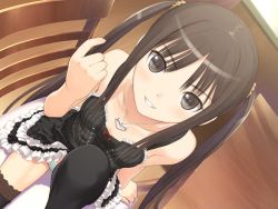 Rule 34 | 00s, 1girl, bare shoulders, beckoning, black thighhighs, brown eyes, brown hair, chair, collarbone, come hither, dress, dutch angle, fault!!, flat chest, foreshortening, frilled dress, frills, from above, game cg, grin, jewelry, lace, lace-trimmed legwear, lace trim, lolita fashion, long hair, looking at viewer, looking up, naughty face, panties, pantyshot, pendant, perspective, petite, sitting, smile, solo, striped clothes, striped panties, sugiyama mio, table, thighhighs, tony taka, twintails, underwear