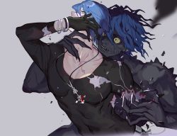 Rule 34 | 2boys, amputee, angry, bangle, belt, blood, blue hair, bracelet, chain, collarbone, colored sclera, colored skin, covered mouth, cracked skin, cross, cross necklace, damaged, dark-skinned male, dark skin, debris, dissolving, dual persona, earrings, ecrsin, fingernails, grey background, grey skin, hand on another&#039;s neck, hand up, ikemen kamen amaimask, inverted cross, jewelry, long fingernails, looking at another, male focus, motion blur, multiple boys, neck grab, necklace, one-punch man, pendant, profile, shards, sharp fingernails, sharp teeth, shirt, short hair, simple background, skin tight, spoilers, sweet mask, teeth, tight clothes, tight shirt, toned, toned male, topless male, wavy hair, wrinkled skin, yellow eyes, yellow sclera