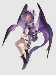 Rule 34 | bandages, black footwear, black overalls, boots, braid, dragon girl, dragon wings, facing to the side, grey sweater, head wings, highres, looking at viewer, medium hair, nijisanji, nijisanji en, one eye closed, overall shorts, overalls, pointy ears, purple eyes, purple hair, selen tatsuki, sweater, syyyyy38017981, twin braids, virtual youtuber, white background, wings