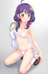 Rule 34 | 1girl, ahoge, aqua sailor collar, bikini, blouse, bow, breasts, brown footwear, full body, gradient background, grey background, hair bow, hair ornament, highres, kazuma muramasa, kneeling, looking at viewer, open mouth, precure, purple hair, red bow, sailor collar, shirt, shoes, short twintails, side-tie bikini bottom, signature, small breasts, socks, solo, suzumura sango, swimsuit, tropical-rouge! precure, twintails, white bikini, white shirt, x hair ornament, yellow eyes