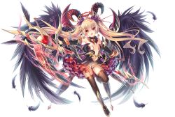Rule 34 | 1girl, black wings, blonde hair, bracelet, detached collar, detached sleeves, earrings, feathers, flat chest, floating hair, full body, garter straps, horns, jewelry, long hair, looking at viewer, official art, open mouth, paphiria (sennen sensou aigis), red eyes, revealing clothes, sennen sensou aigis, skirt, solo, sorimura youji, staff, striped clothes, striped thighhighs, tattoo, thighhighs, transparent background, twintails, vertical-striped clothes, vertical-striped thighhighs, very long hair, wings