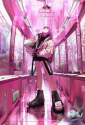 Rule 34 | 1girl, absurdres, arcade, black footwear, black shorts, box, coin, commentary request, expressionless, hand in pocket, headphones, headphones around neck, highres, holding, holding box, huge filesize, jacket, long hair, long sleeves, looking up, original, pink eyes, pink hair, pink theme, reflection, reflective ceiling, reflective floor, shoes, shorts, solo, stuffed animal, stuffed toy, very long hair, white jacket, yuzua