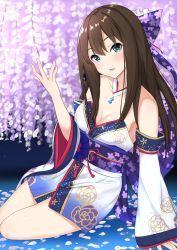 Rule 34 | 1girl, bow, breasts, brown hair, choker, cleavage, collarbone, detached sleeves, floating hair, floral print, flower, frilled bow, frills, green eyes, hair between eyes, hair bow, idolmaster, idolmaster cinderella girls, japanese clothes, kimono, long hair, medium breasts, miyazumi, obi, parted lips, petals, sash, shibuya rin, short kimono, solo, strapless, white flower