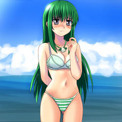 Rule 34 | 00s, 1girl, black eyes, blush, bra, breasts, cleavage, embarrassed, female focus, green hair, lingerie, long hair, mermaid melody pichi pichi pitch, miru, ocean, outdoors, panties, shell, solo, standing, striped clothes, striped panties, swimsuit, touin rina, underwear, underwear only, water