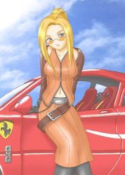 Rule 34 | 1990s (style), 1girl, blonde hair, blue eyes, car, ferrari, ferrari f40, final fantasy, final fantasy viii, glasses, lowres, midriff, motor vehicle, outdoors, quistis trepe, retro artstyle, sky, solo, vehicle