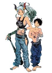 Rule 34 | 1boy, 1girl, ahoge, alternate costume, baggy pants, bare arms, bare shoulders, barefoot, belt, black hair, blue hair, breasts, closed mouth, club, club (weapon), cracking knuckles, curled horns, elbow gloves, facial scar, fingerless gloves, fingernails, full body, gloves, green hair, grin, height difference, high ponytail, highres, horns, jewelry, kanabou, leaning on person, long hair, looking at another, makenevemoiine, midriff, monkey d. luffy, multicolored horns, muscular, muscular male, one piece, oni, own hands together, pants, partially unzipped, pectorals, red horns, ring, scar, scar on cheek, scar on chest, scar on face, short hair, sideboob, simple background, single elbow glove, single glove, smile, stomach, tally, tank top, toenails, toes, topless male, v-shaped eyebrows, weapon, white background, yamato (one piece), yellow eyes, yellow horns, zipper, zipper pull tab