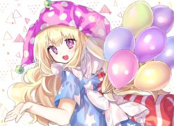 Rule 34 | 1girl, :d, american flag dress, balloon, blonde hair, cheunes, clownpiece, commentary, fairy wings, fang, hat, highres, jester cap, korean commentary, long hair, looking at viewer, looking back, neck ruff, open mouth, polka dot, polka dot headwear, purple eyes, purple hat, ribbon, short sleeves, smile, solo, sparkling eyes, touhou, upper body, v-shaped eyebrows, wavy hair, white background, white ribbon, wings
