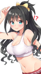 Rule 34 | !?, 1girl, :3, alternate hair color, arm up, armpits, bare arms, bare shoulders, black hair, blue eyes, bow, breasts, cleavage, collarbone, crop top, groin, hair bow, highres, hino akane (idolmaster), idolmaster, idolmaster cinderella girls, large breasts, midriff, navel, ponytail, shirt, simple background, sleeveless, sleeveless shirt, smile, solo, stomach, sweatdrop, trente, upper body, wavy hair, white background, white shirt, yellow bow