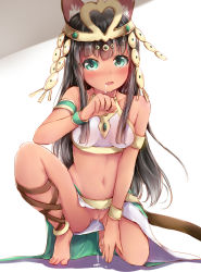 Rule 34 | 1girl, animal ears, armlet, bare shoulders, barefoot, bastet (p&amp;d), black hair, blush, breasts, cat ears, cat tail, dark skin, dark-skinned female, drooling, fang, feet, gold, green eyes, heart, heart-shaped pupils, highres, hime cut, long hair, looking at viewer, navel, on one knee, open clothes, open mouth, pussy, pussy juice, pussy juice trail, puzzle &amp; dragons, saliva, sidelocks, silver (chenwen), silver (pixiv5594793), small breasts, solo, symbol-shaped pupils, tail, tiara, uncensored