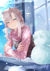 Rule 34 | 1girl, absurdres, blue eyes, dress, haribo no suke, hentai prison, highres, ice, looking at another, snow, snowing, winter, winter clothes