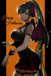 Rule 34 | 1girl, alternate costume, black dress, black nails, breasts, cleavage, delsaber, demon tail, demon wings, dress, earrings, english text, fake horns, fire emblem, fire emblem: the blazing blade, green eyes, green hair, halloween, halloween costume, highres, horns, jewelry, lace, lace-trimmed legwear, lace trim, large breasts, long hair, lyn (fire emblem), nail polish, nintendo, open mouth, ponytail, tail, very long hair, wings