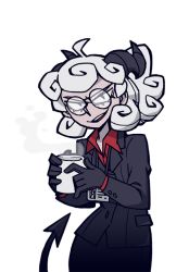Rule 34 | 1girl, black gloves, black horns, black jacket, business suit, collared shirt, cup, curly hair, demon girl, demon horns, demon tail, formal, glasses, gloves, helltaker, holding, holding cup, horns, id card, jacket, long sleeves, looking at viewer, official art, open mouth, pandemonica (helltaker), red eyes, red shirt, shirt, short hair, spoilers, steam, suit, tail, teeth, transparent background, vanripper, white hair