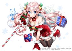 Rule 34 | &gt;:d, 1girl, :d, angel wings, bell, black thighhighs, blue eyes, blush, boots, breasts, candy, candy cane, cane, cleavage, commentary request, dress, food, full body, fur trim, gift, gloves, hair bell, hair ornament, holding, holding candy, holding candy cane, holding food, long hair, looking at viewer, medium breasts, official art, open mouth, pink hair, red dress, red footwear, red gloves, sack, santa boots, santa costume, santa gloves, smile, snowflakes, solo, thighhighs, twintails, v-shaped eyebrows, watermark, wings, yanyo (ogino atsuki)