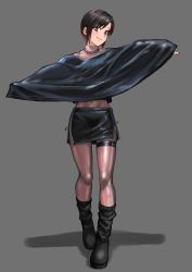 Rule 34 | 1girl, black eyes, black hair, black skirt, bodysuit, bodysuit under clothes, closed mouth, covered navel, full body, highres, kilye kairi, latex, latex suit, miniskirt, multicolored hair, original, outstretched arms, pink bodysuit, poncho, red hair, shadow, short hair, skirt, smile, solo, standing, thigh strap, turtleneck, two-tone hair