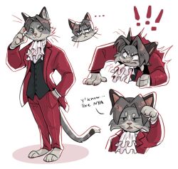 Rule 34 | !, !!, ..., 1boy, ace attorney, angry, animal ears, animal nose, ascot, cat boy, cat ears, cat tail, closed mouth, commentary, desk slam, english commentary, english text, faintsuns, formal, furrification, furry, furry male, grey hair, hand in pocket, highres, long sleeves, looking at viewer, male focus, miles edgeworth, multiple views, open mouth, pants, red pants, red suit, simple background, standing, suit, tail, white background
