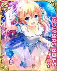 Rule 34 | 1girl, aqua eyes, bare shoulders, barefoot, beach, blonde hair, blue dress, blue eyes, blush, card (medium), character name, dress, fireworks, girlfriend (kari), hair ribbon, jewelry, necklace, night, official art, open mouth, outdoors, qp:flapper, ribbon, shiratori shiori, smile, solo, standing, tagme, twintails, wavy hair