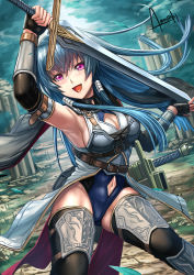 Rule 34 | 1girl, amasaki yusuke, blue hair, breasts, cleavage, cleavage cutout, clothing cutout, fantasy, floating hair, highres, holding, holding sword, holding weapon, long hair, medium breasts, navel, navel cutout, open mouth, original, pink eyes, solo, sword, weapon