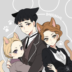 Rule 34 | 1boy, 2girls, animal ears, artist name, black hair, blonde hair, brother and sister, brown eyes, brown hair, cat ears, cat tail, chastity barebone, credence barebone, dated, fantastic beasts and where to find them, grey background, harry potter (series), hug, modesty barebone, multiple girls, necktie, nightcat, purple eyes, siblings, simple background, sisters, tail, wizarding world