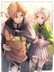 Rule 34 | 1boy, 1girl, absurdres, bag, baguette, boots, bread, brown hair, dress, elf, food, green eyes, green shawl, grey robe, highres, holding, holding another&#039;s arm, holding bag, knee boots, looking at another, mushoku tensei, open mouth, paper bag, pointy ears, ponytail, ra torens, red eyes, robe, rudeus greyrat, shirt, short hair, signature, smile, stone floor, sylphiette (mushoku tensei), white dress, white hair, white shirt, wide sleeves
