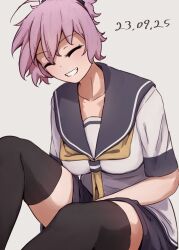 Rule 34 | 1girl, aoba (kancolle), black scrunchie, black thighhighs, closed eyes, dated, grey background, grey sailor collar, grey shorts, grin, hair ornament, hair scrunchie, highres, ikadamo, kantai collection, messy hair, neckerchief, ponytail, purple hair, sailor collar, sailor shirt, school uniform, scrunchie, serafuku, shirt, shorts, simple background, sitting, smile, solo, thighhighs, white background, yellow neckerchief
