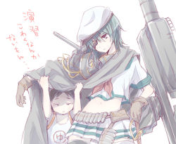 Rule 34 | 10s, 2girls, ammunition, belt, black hair, brown gloves, cape, closed eyes, colis, eyepatch, gloves, green eyes, green hair, hat, hiding, hiding behind another, kantai collection, kiso (kancolle), maru-yu (kancolle), midriff, multiple girls, navel, neckerchief, one-piece swimsuit, remodel (kantai collection), school swimsuit, school uniform, serafuku, short hair, simple background, skirt, swimsuit, sword, tears, translation request, weapon, white background, white one-piece swimsuit, white school swimsuit