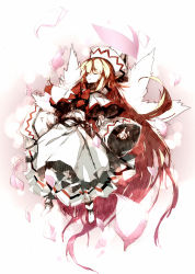 Rule 34 | 1girl, absurdly long hair, blonde hair, bow, capelet, closed eyes, dress, female focus, flying, hat, lily white, long hair, long sleeves, outstretched arms, page (page1555), petals, sketch, smile, solo, spread arms, touhou, very long hair, white dress, wide sleeves, wings
