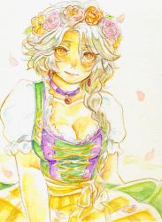 Rule 34 | 1girl, braid, breasts, brown eyes, choker, cleavage, closed mouth, dress, earrings, final fantasy, final fantasy ii, firion, jewelry, long hair, looking at viewer, payu (pyms11), simple background, solo, white hair