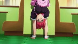 Rule 34 | 1girl, animated, animated gif, bandaid, breasts, exercising, female focus, floor, hairline, handstand, huge filesize, indoors, lace, lace-trimmed legwear, lace trim, large breasts, legs, legs together, looking at viewer, maid, maken-ki!, pink thighhighs, puffy sleeves, purple eyes, railing, red hair, shadow, shinatsu azuki, shiny skin, short hair, short sleeves, solo, takami akio, thighhighs, thighs, upside-down, wall, wrist cuffs, zettai ryouiki