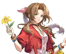 Rule 34 | 1girl, aerith gainsborough, boots, bracelet, braid, braided ponytail, breasts, brown hair, buttons, choker, cropped jacket, dress, final fantasy, final fantasy vii, final fantasy vii remake, flower, flower basket, frilled dress, frills, full body, green eyes, hair ribbon, highres, holding, holding flower, jacket, jewelry, medium breasts, namelessdm, parted bangs, pink dress, red jacket, ribbon, sidelocks, solo, square enix, upper body, wavy hair, white background, yellow flower
