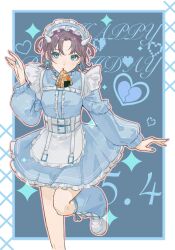 Rule 34 | 1girl, 2a9um4joiu2ommf, alternate costume, apron, asakura toru, blue jacket, blue skirt, blue socks, blush, center frills, dated, earrings, enmaided, fingernails, food, frilled hairband, frills, gradient hair, hairband, happy birthday, highres, idolmaster, idolmaster shiny colors, jacket, jersey maid, jewelry, long sleeves, looking at viewer, maid, mouth hold, multicolored hair, nail polish, onigiri, short hair, skirt, socks, solo, sparkle background, standing, standing on one leg, two side up, unconventional maid, white apron, wing hair ornament
