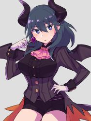 Rule 34 | 1girl, alternate costume, ascot, black horns, black shirt, black shorts, blue eyes, blue hair, blush, breasts, buttons, byleth (female) (fire emblem), byleth (fire emblem), byleth (male) (fire emblem), byleth (male) (fire emblem) (cosplay), candy, cosplay, demon girl, demon horns, demon wings, do m kaeru, fire emblem, fire emblem: three houses, fire emblem heroes, food, gloves, grey background, hair between eyes, halloween, halloween costume, hand on own hip, holding, holding candy, holding food, holding lollipop, horns, large breasts, lollipop, long hair, long sleeves, looking at viewer, nintendo, parted lips, pink ascot, shirt, short shorts, shorts, simple background, solo, striped clothes, striped shirt, thighs, underbust, white gloves, wings