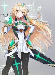 Rule 34 | 1girl, absurdres, backless dress, backless outfit, black pantyhose, blonde hair, breasts, chest jewel, dress, headpiece, highres, kamidan, large breasts, long hair, mythra (massive melee) (xenoblade), mythra (xenoblade), pantyhose, short dress, solo, swept bangs, thigh strap, very long hair, white dress, xenoblade chronicles (series), xenoblade chronicles 2, yellow eyes