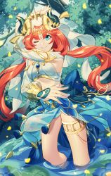 Rule 34 | 1girl, absurdres, arm up, blue eyes, blue skirt, breasts, circlet, closed mouth, clothing cutout, crop top, dancer, dancing, detached sleeves, falling petals, floating hair, genshin impact, gold trim, harem outfit, highres, hizuki miya, horns, jewelry, leaf, long hair, long sleeves, looking at viewer, nail polish, nilou (genshin impact), one eye closed, outdoors, pelvic curtain, petals, puffy long sleeves, puffy sleeves, red hair, shirt, shrug (clothing), sidelocks, skirt, small breasts, smile, solo, tassel, thighlet, thighs, twintails, vambraces, veil, wading, water, white shirt