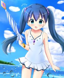 Rule 34 | 1girl, :d, blue hair, blue sky, blush, breasts, bubble, cloud, commentary request, cowboy shot, day, dot nose, floating hair, green eyes, hair ornament, hair scrunchie, highres, holding, holding umbrella, inakami, kin-iro mosaic, komichi aya, long hair, ocean, one-piece swimsuit, open mouth, purple scrunchie, scrunchie, signature, sky, small breasts, smile, solo, sparkle, standing, swimsuit, swimsuit skirt, twintails, umbrella, white one-piece swimsuit