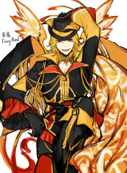 Rule 34 | 1boy, adjusting clothes, adjusting headwear, arm up, black coat, black footwear, black gloves, black headwear, black pants, blonde hair, boots, coat, fiery wings, firebird (project moon), frilled sleeves, frills, gloves, gold trim, grin, jewelry, lobotomy corporation, long sleeves, male focus, necklace, nishikujic, pants, personification, project moon, red eyes, simple background, smile, solo, thigh boots, white background, wings