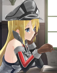 Rule 34 | 10s, 1girl, bare shoulders, bismarck (kancolle), blonde hair, blue eyes, breasts, brown gloves, desk, detached sleeves, gloves, hand on own cheek, hand on own face, hat, highres, kantai collection, long hair, max melon, military, military uniform, paper, peaked cap, sideboob, solo, uniform, window