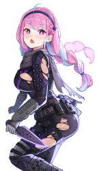 Rule 34 | 1girl, :o, absurdres, apex legends, battle belt, belt, blush, bodysuit, braid, breasts, chestnut mouth, cowlick, crossover, gloves, grey gloves, grey scarf, hair tie, highres, hololive, kunai, long hair, looking at viewer, medium breasts, minato aqua, multicolored hair, nuebunny, open mouth, pouch, purple eyes, scarf, sideboob, simple background, solo, streaked hair, torn bodysuit, torn clothes, twin braids, twintails, two-tone hair, virtual youtuber, weapon, white background, wraith (apex legends)