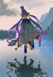 Rule 34 | 1girl, absurdres, blonde hair, blue footwear, boots, cape, closed mouth, cloud, dress, full body, gloves, hat, highres, holding, holding staff, ininia (tongari boushi no atelier), long sleeves, outdoors, purple eyes, reflection, reflective water, riding, sky, sleeves past fingers, sleeves past wrists, solo, staff, tongari boushi no atelier, twintails, water, white dress, witch, wonemie