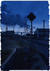 Rule 34 | blue sky, building, cloud, fence, no humans, original, outdoors, power lines, road, road sign, scenery, sign, sky, twilight, yk funa