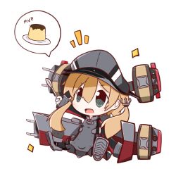 Rule 34 | 10s, 1girl, anchor hair ornament, blonde hair, blue eyes, blush, chibi, food, gloves, hair ornament, hat, highres, kantai collection, long hair, military, military uniform, mvp, nuu (nu-nyu), open mouth, peaked cap, prinz eugen (kancolle), pudding, pun, simple background, solo, spoon, twintails, uniform
