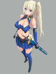 Rule 34 | 10s, 1girl, bare shoulders, blonde hair, blue eyes, blue skirt, blue thighhighs, boots, breasts, cleavage, clenched hand, elbow gloves, full body, gloves, grey background, hair ribbon, highres, jpeg artifacts, large breasts, limalisha, long hair, looking at viewer, madan no ou to vanadis, miniskirt, pleated skirt, rasukaru, ribbon, scabbard, sheath, sheathed, side ponytail, sidelocks, skirt, solo, standing, sword, thighhighs, weapon